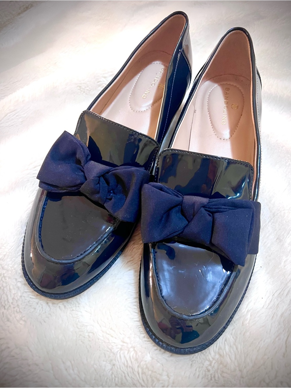 Bandolino Navy Blue Patent Lindio Loafers with Bow Accent